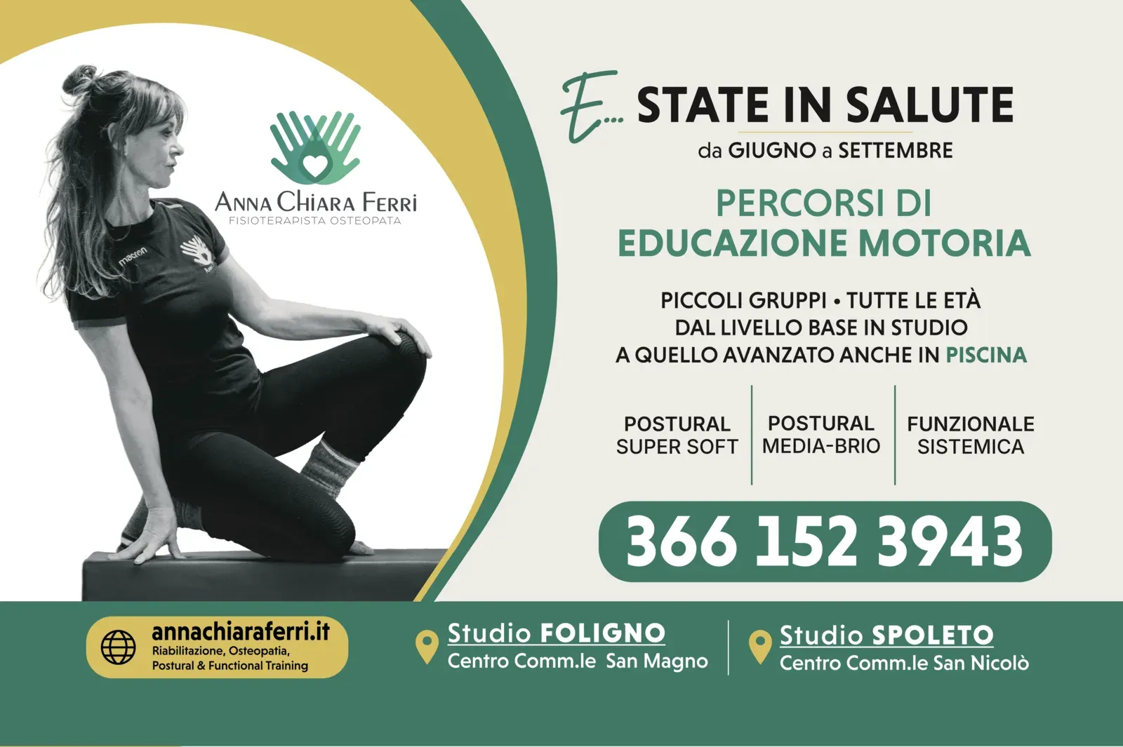 E…state in salute: percorsi di educazione motoria da giugno a settembre, piccoli gruppi per tutte le età, dal livello base in studio a quello avanzato anche in piscina.